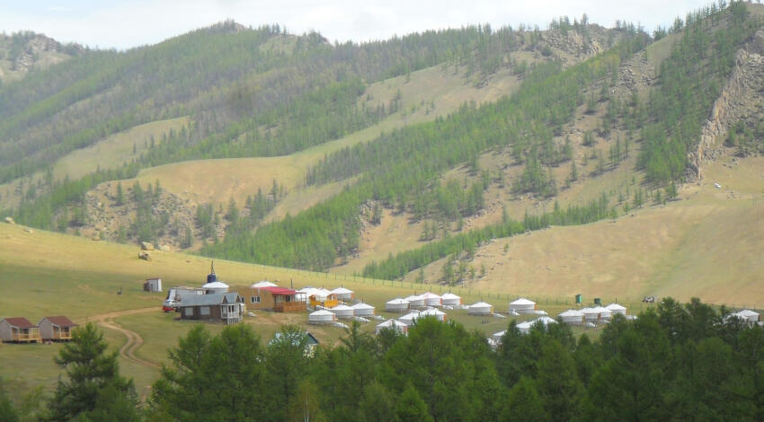 A tourist ger camp in Terelj National Park, with rows of traditional white Mongolian gers arranged on a green valley floor.