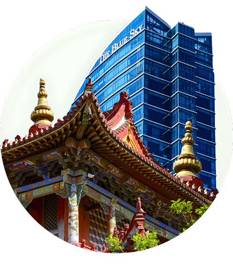 Buddhist temple and modern luxury hotel