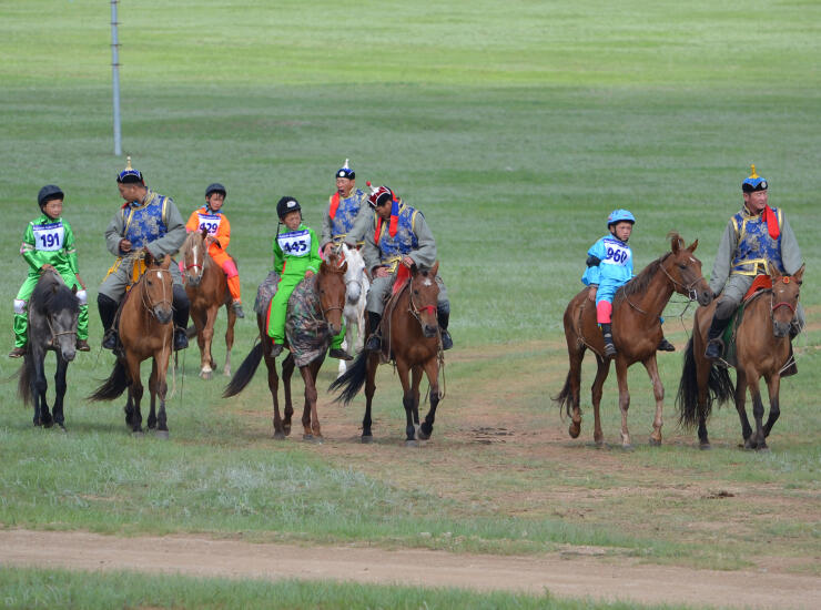 Child jockeys in numbered bibs on horseback with their adult trainers before Naadam horse racing, on a green grassy field.