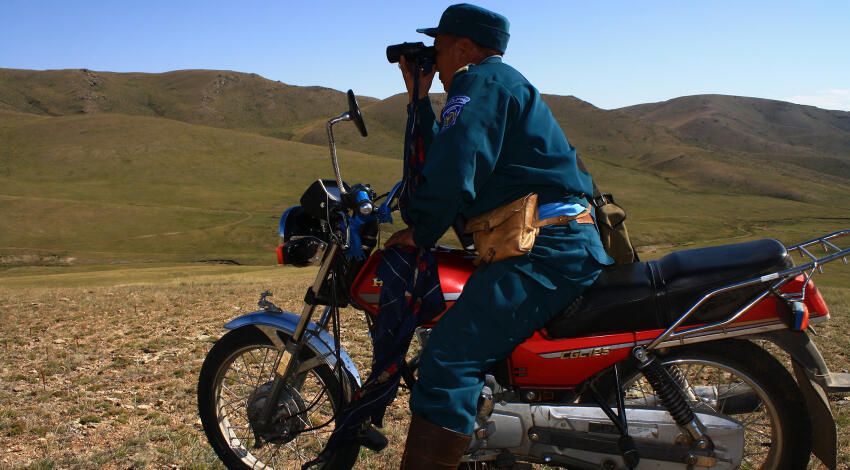 A Khustai National Park ranger on a motorcycle scanning the steppe with binoculars.